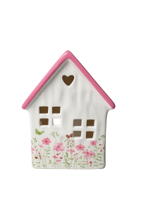 Theelichthuisje House Floral Roze – Lichthuisje met Bloemenprint en Roze Dakje