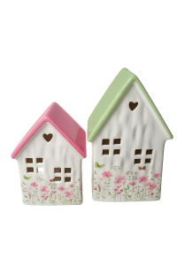 Theelichthuisje House Floral Roze – Lichthuisje met Bloemenprint en Roze Dakje